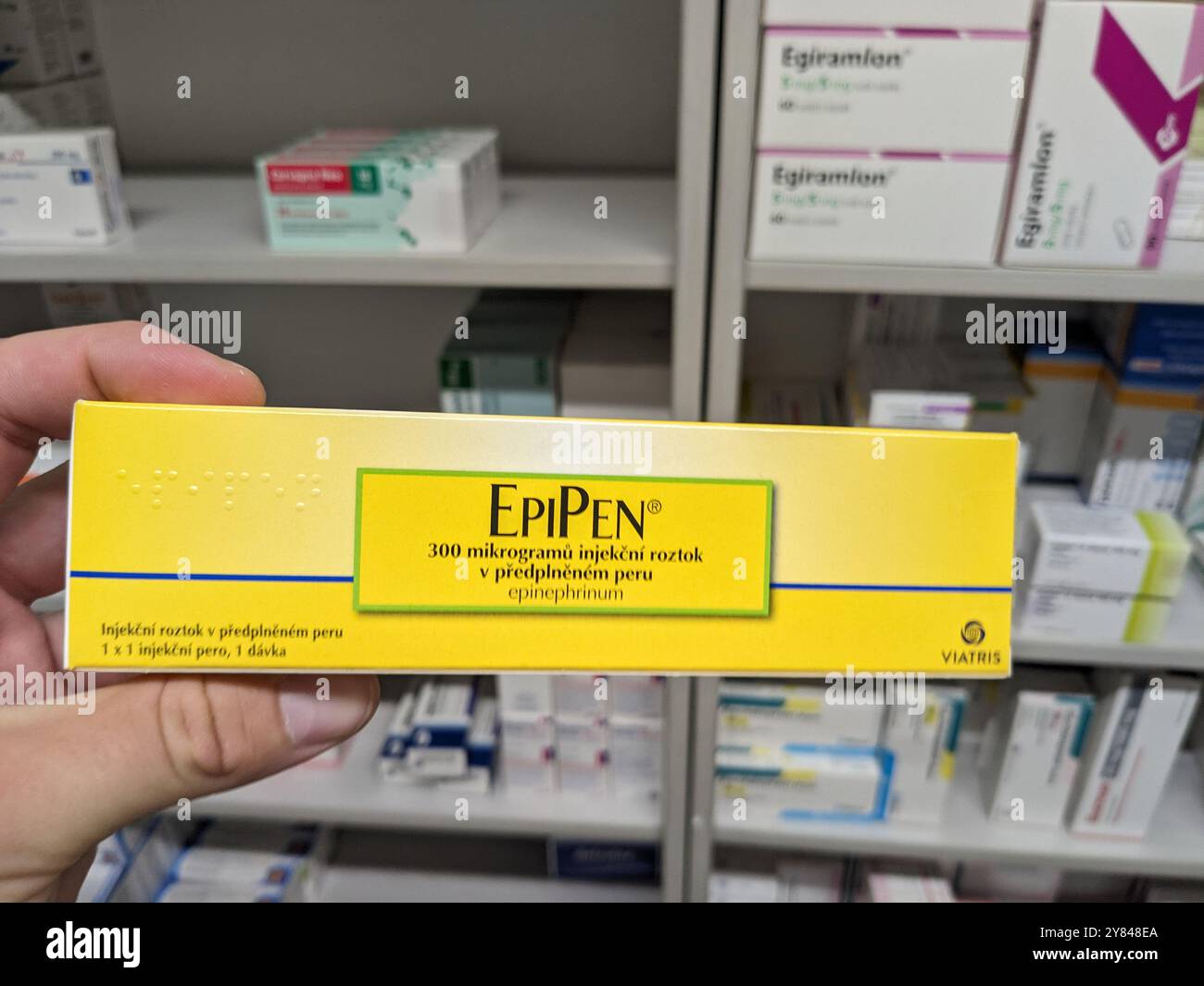 EPIPEN box of medication with epinephrine active substance by Mylan, used for treatment of anaphylaxis, severe allergic reactions, anaphylactic shock Stock Photo