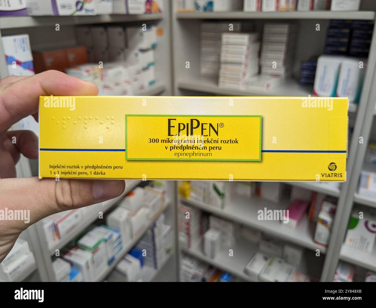 EPIPEN box of medication with epinephrine active substance by Mylan, used for treatment of anaphylaxis, severe allergic reactions, anaphylactic shock Stock Photo