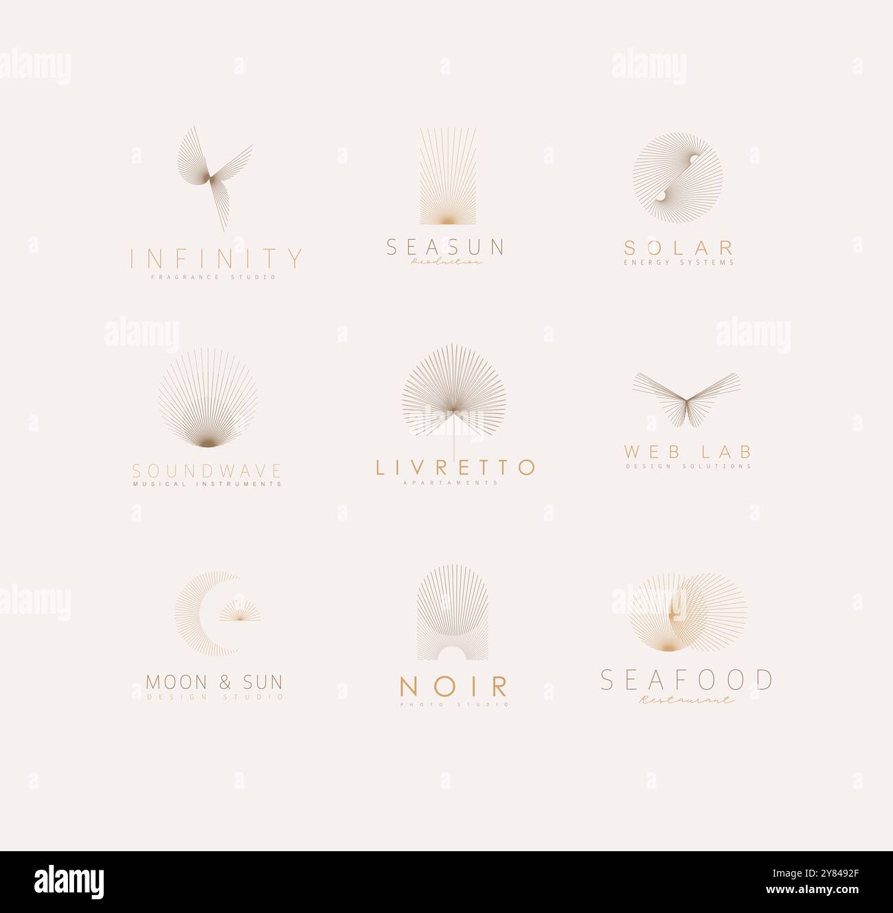 Geometric abstract labels with text and thin lines drawing on light ...