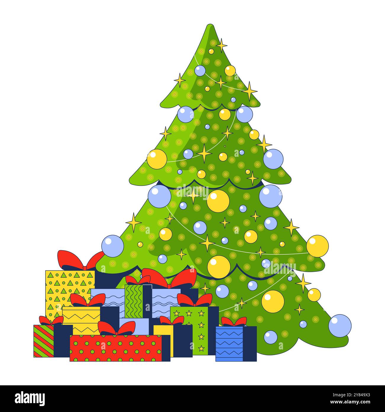 Sparkling Christmas tree with giftboxes stack 2D cartoon object Stock Vector
