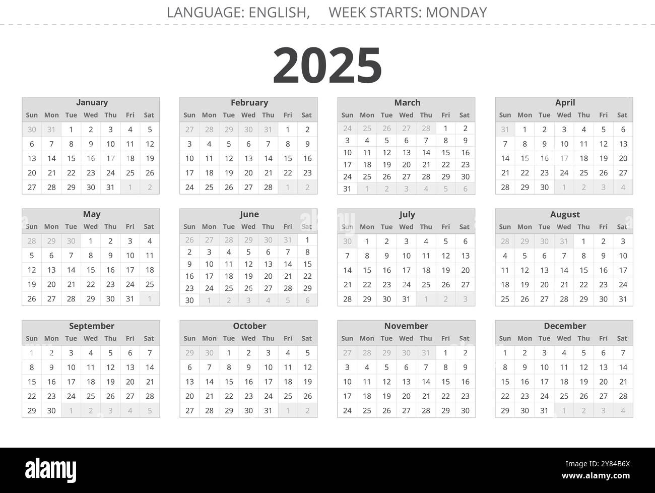 2025 year english vector calendar with 12 months in grey colors. Week