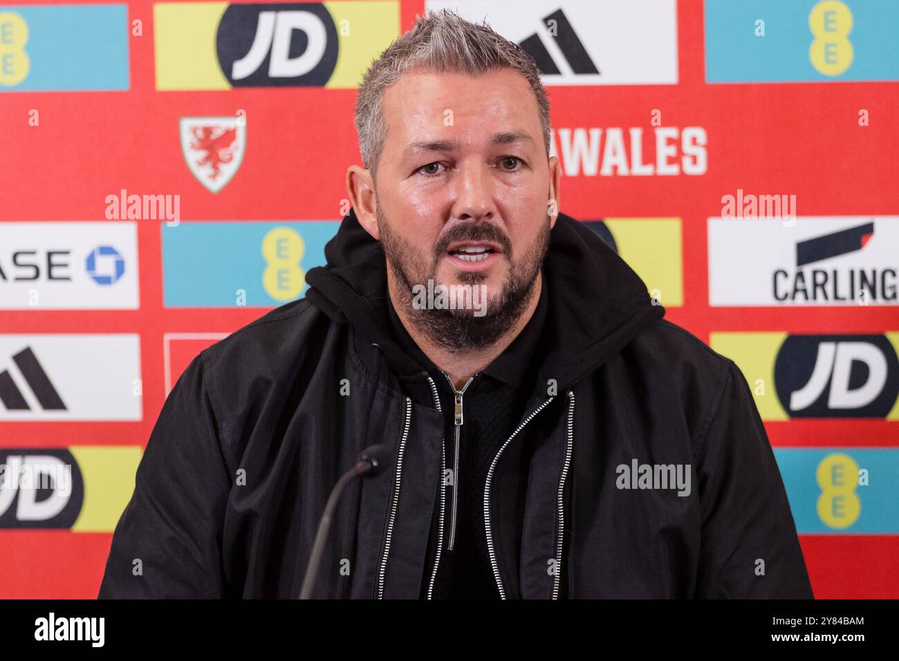 CARDIFF, UK. 28th Aug, 2024. Wales U21 National Team Manager Matty ...