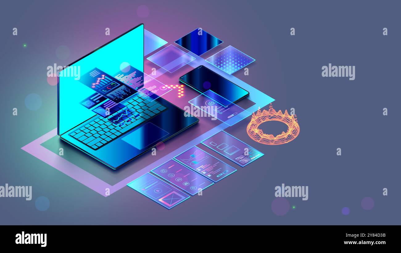 Web design, website create isometric concept. Software development, web design banner. Laptop, phone with website layout. Site development technology Stock Vector