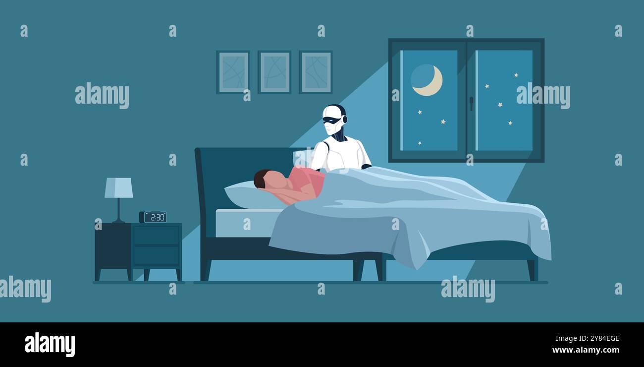 Humanoid AI robot sleeping in bed next to a woman, technology and relationships concept Stock Vector