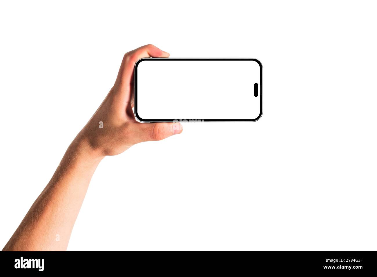Man hand holding modern blank smartphone mockup with white screen on ...