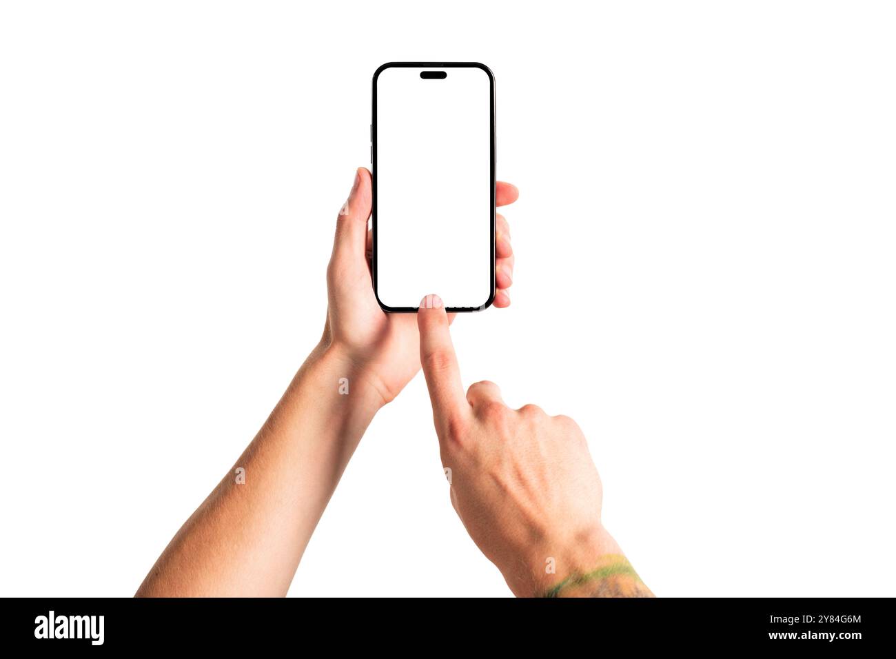 Man hand holding modern blank smartphone mockup with white screen on ...