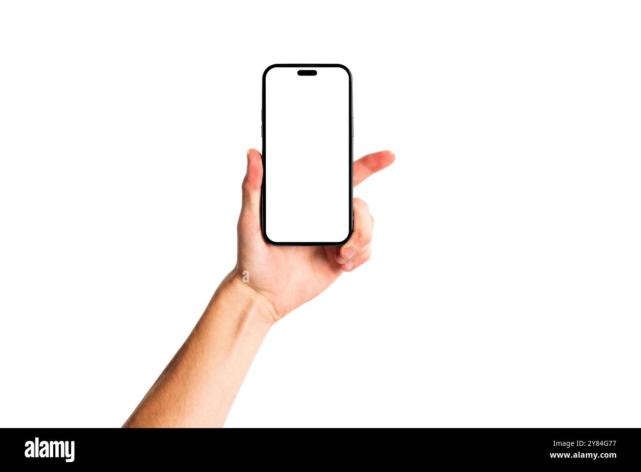 Man hand holding modern blank smartphone mockup with white screen on ...