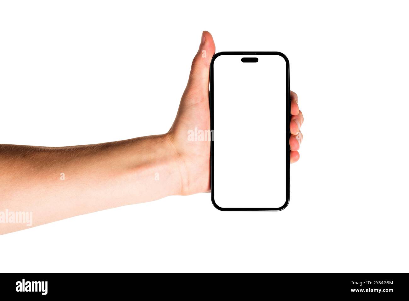 Man hand holding modern blank smartphone mockup with white screen on ...