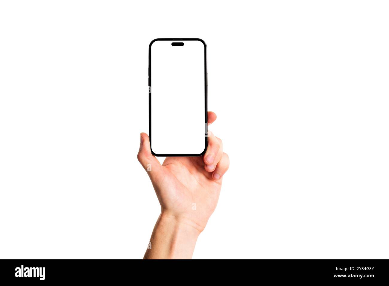 Man hand holding modern blank smartphone mockup with white screen on ...