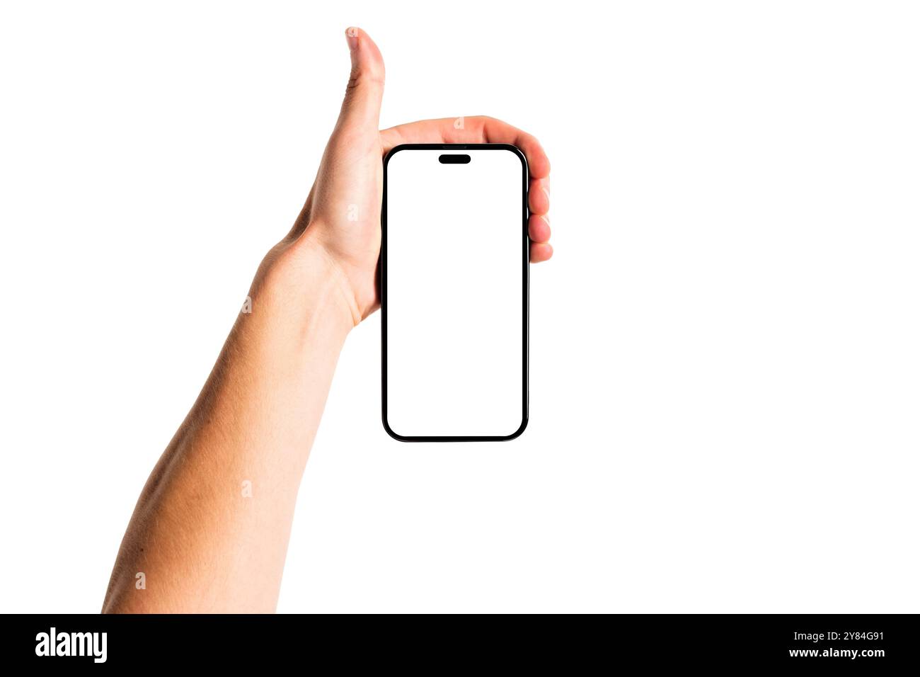 Man hand holding modern blank smartphone mockup with white screen on ...