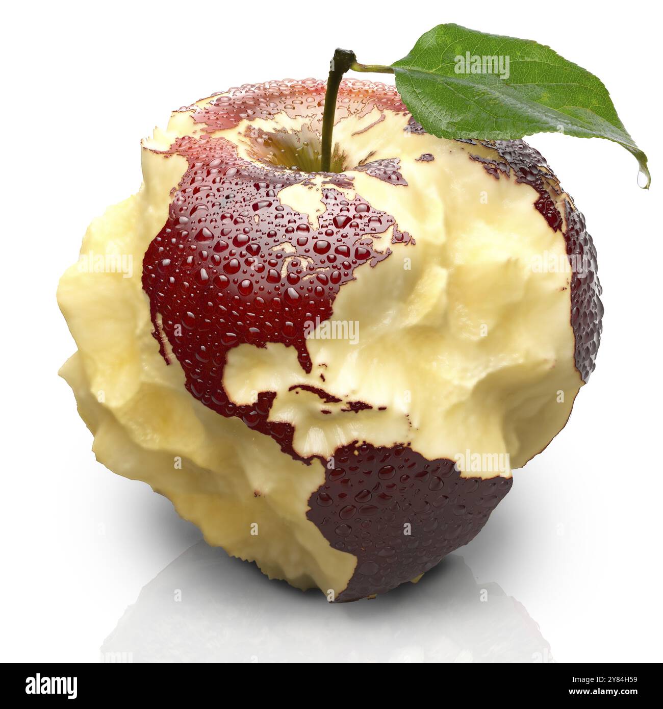 Red ripe apple. Its juicy pulp deeply carved oceans. Apple peel in the ...