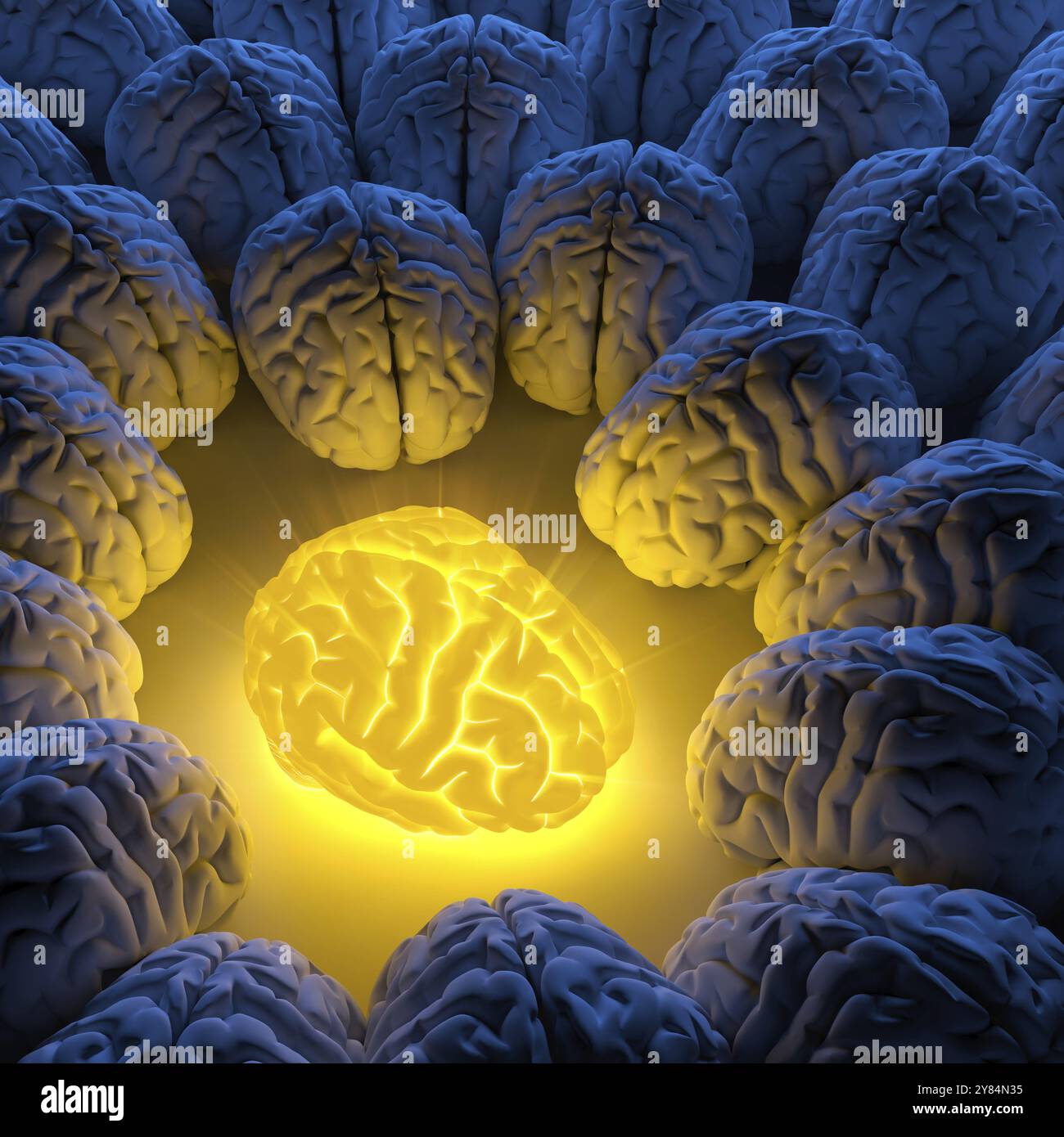 The concept of a unique intelligence and original idea, a brain emits luminous energy, and ordinary brains gathered around Stock Photo