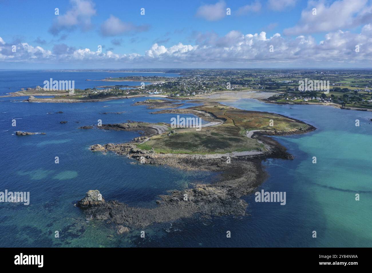Aerial view of the coast of Plouguerneau with offshore islands at the ...