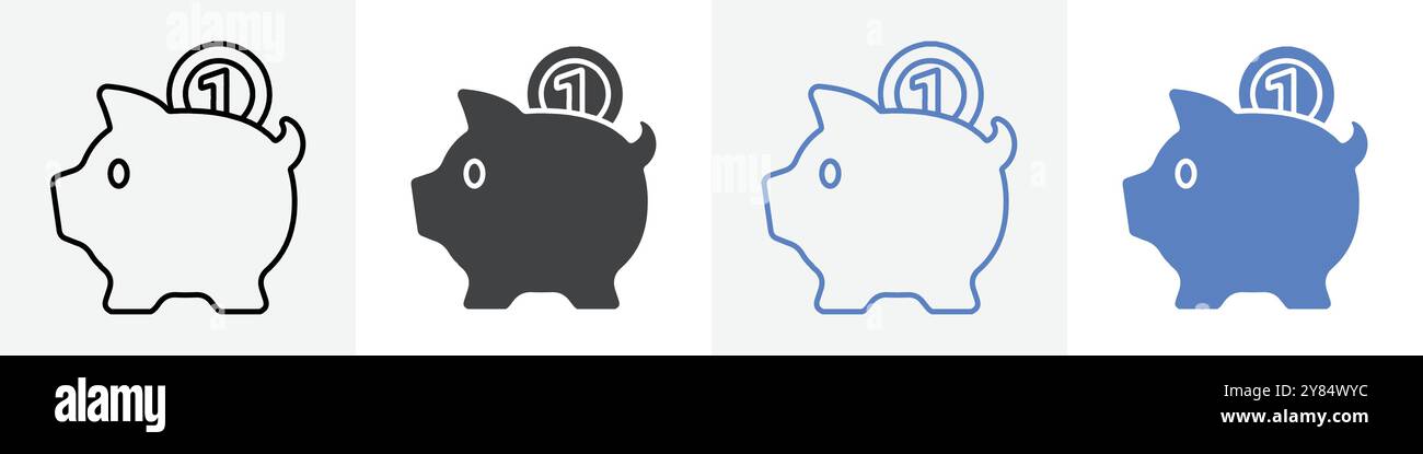 piggy bank icon linear thin line icon graphics set black and white ...