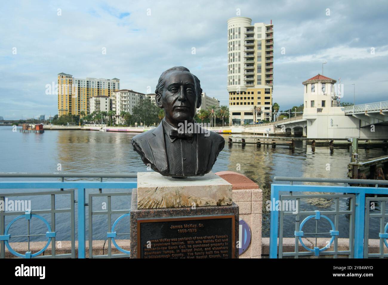 Tampa, FL, USA - 01 Oct 2024 - Waterfront Tampa Downtown with appartments and skyline. James McKay statue Stock Photo