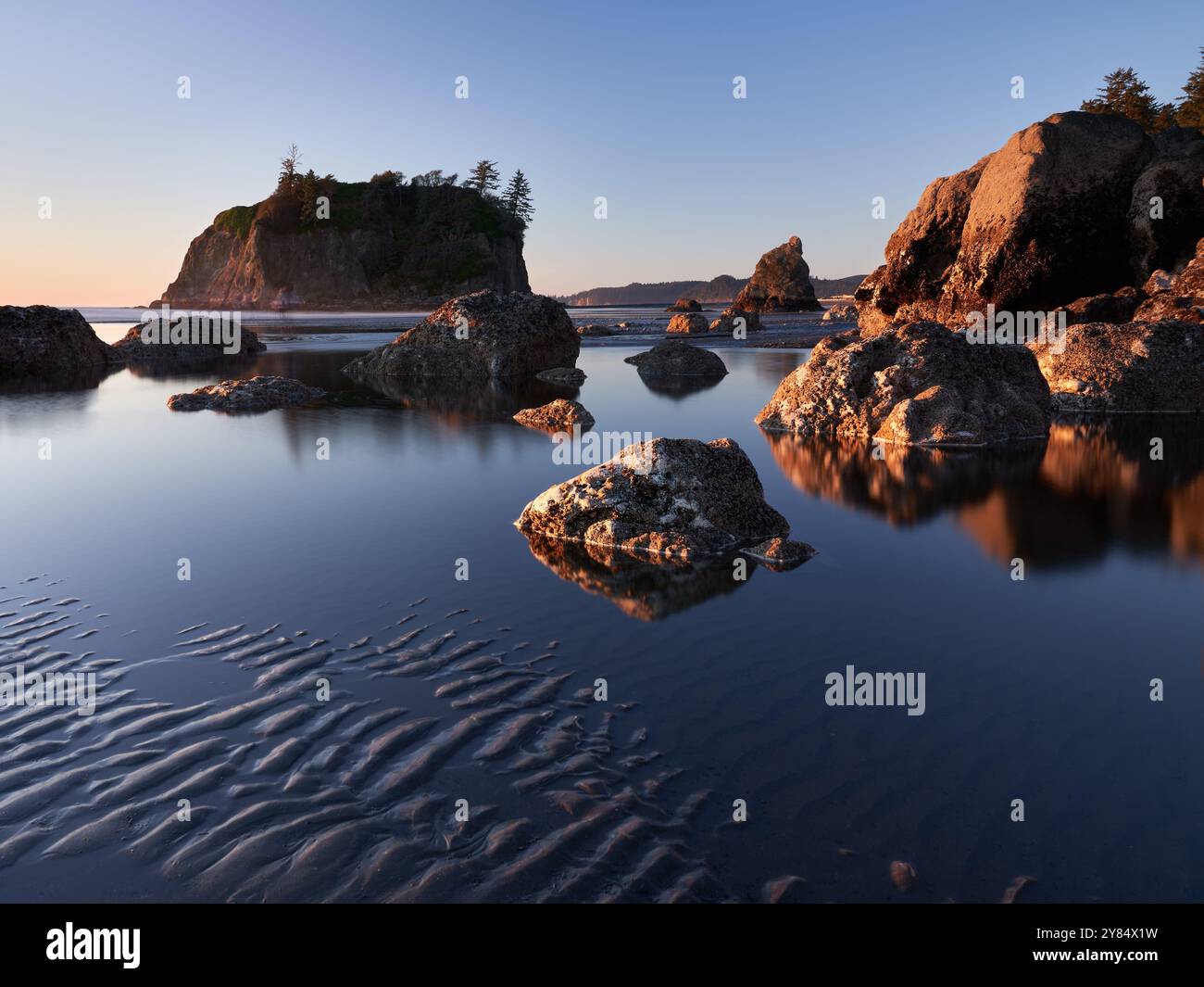 Ruby Beach landscape with sea stacks at sunset on a clear day on the Pacific Northwest coast, Washington USA Stock Photo