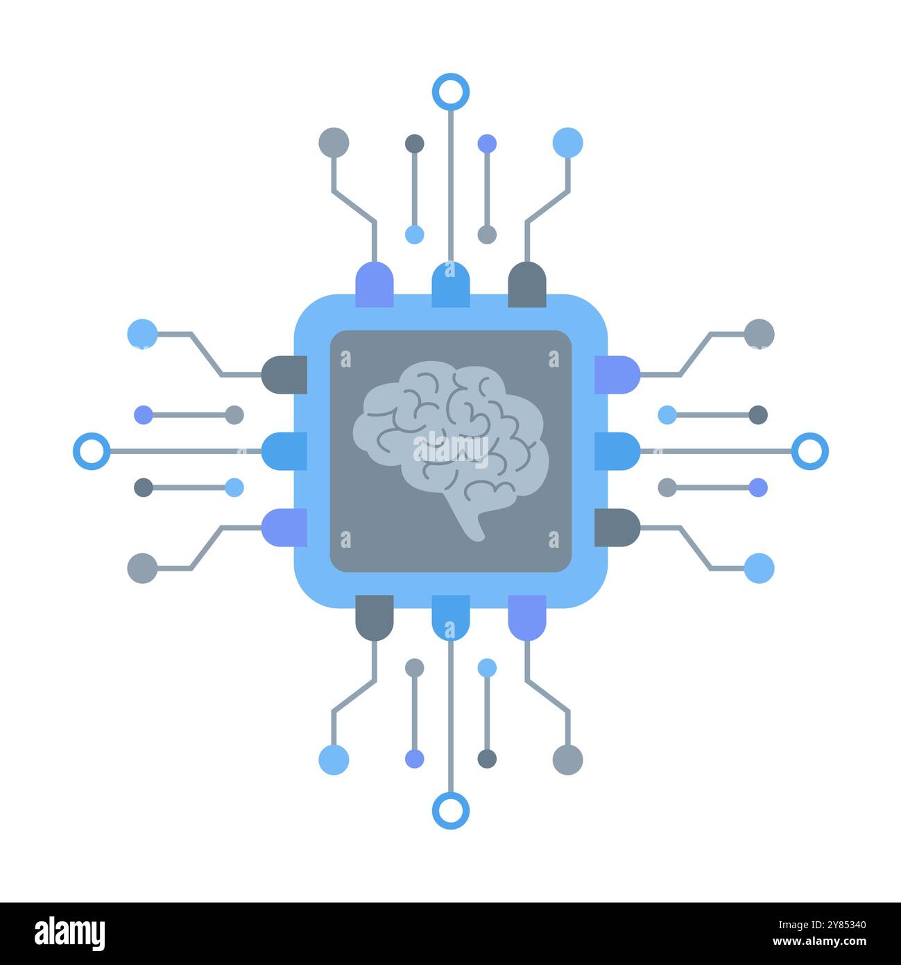 Artificial intelligence in the form of a processor circuit with the brain inside, isolated on a white background. Flat vector illustration Stock Vector