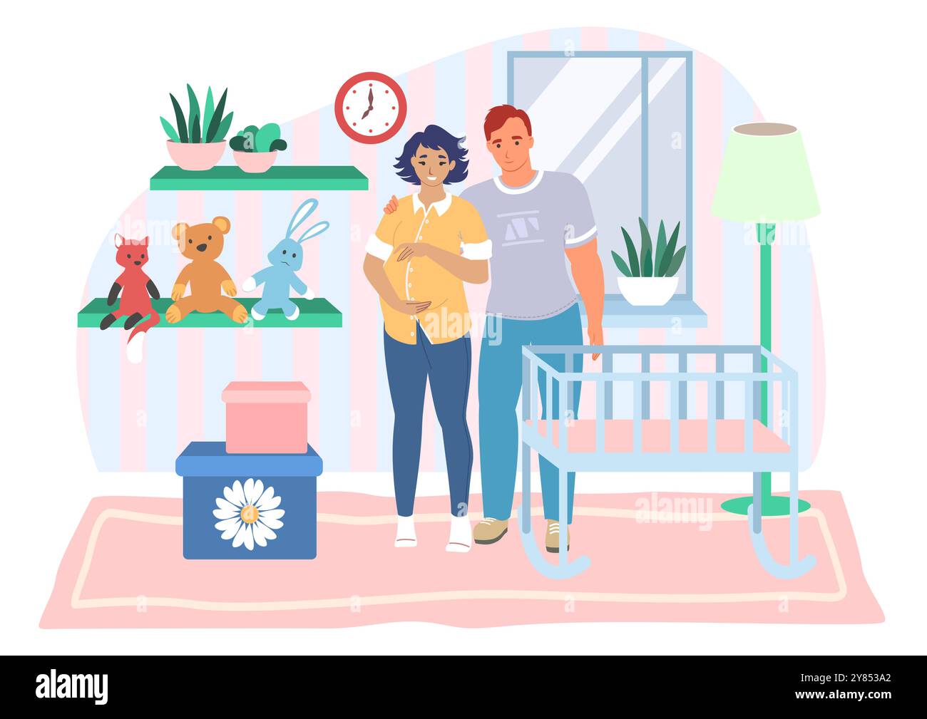 Happy married couple expecting newborn baby in bedroom Stock Vector ...