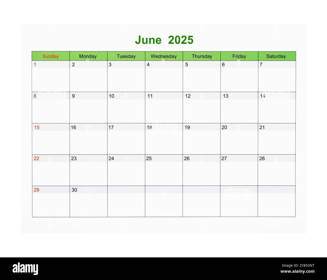 June 2025 Calendar page for 2025 year isolated on white background