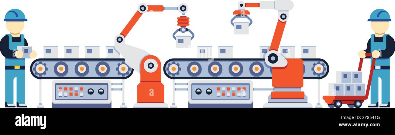 Industrial production line. Conveyor belt with robotic arms Stock ...