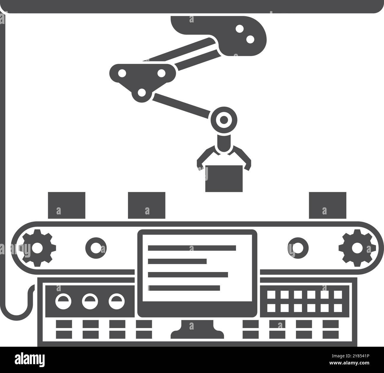 Conveyor belt with automatic arm black icon Stock Vector