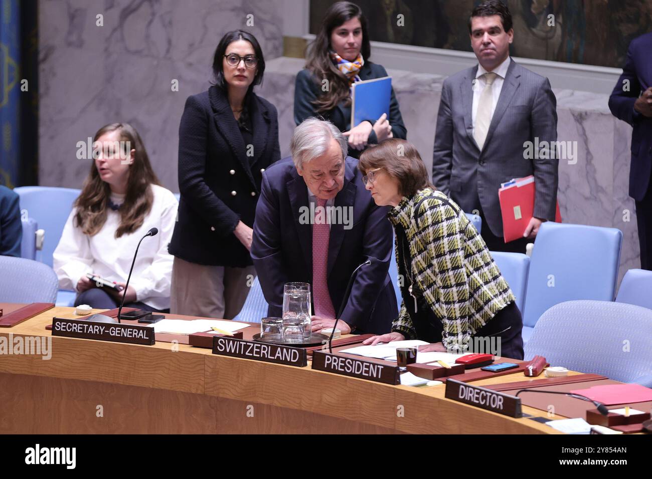 New York, NY - October 2, 2024: Secretary-General Antonio Guterres to the United Nations, delivers remarks during the United Nations Security Council meeting at the UN Headquarters in New York City. The session focused on the escalating hostilities across the Middle East, with Danon addressing the urgent need for international cooperation in stabilizing the region and defending Israel's security amidst growing tensions. (Photo by Luiz Rampelotto/EuropaNewswire) Stock Photo