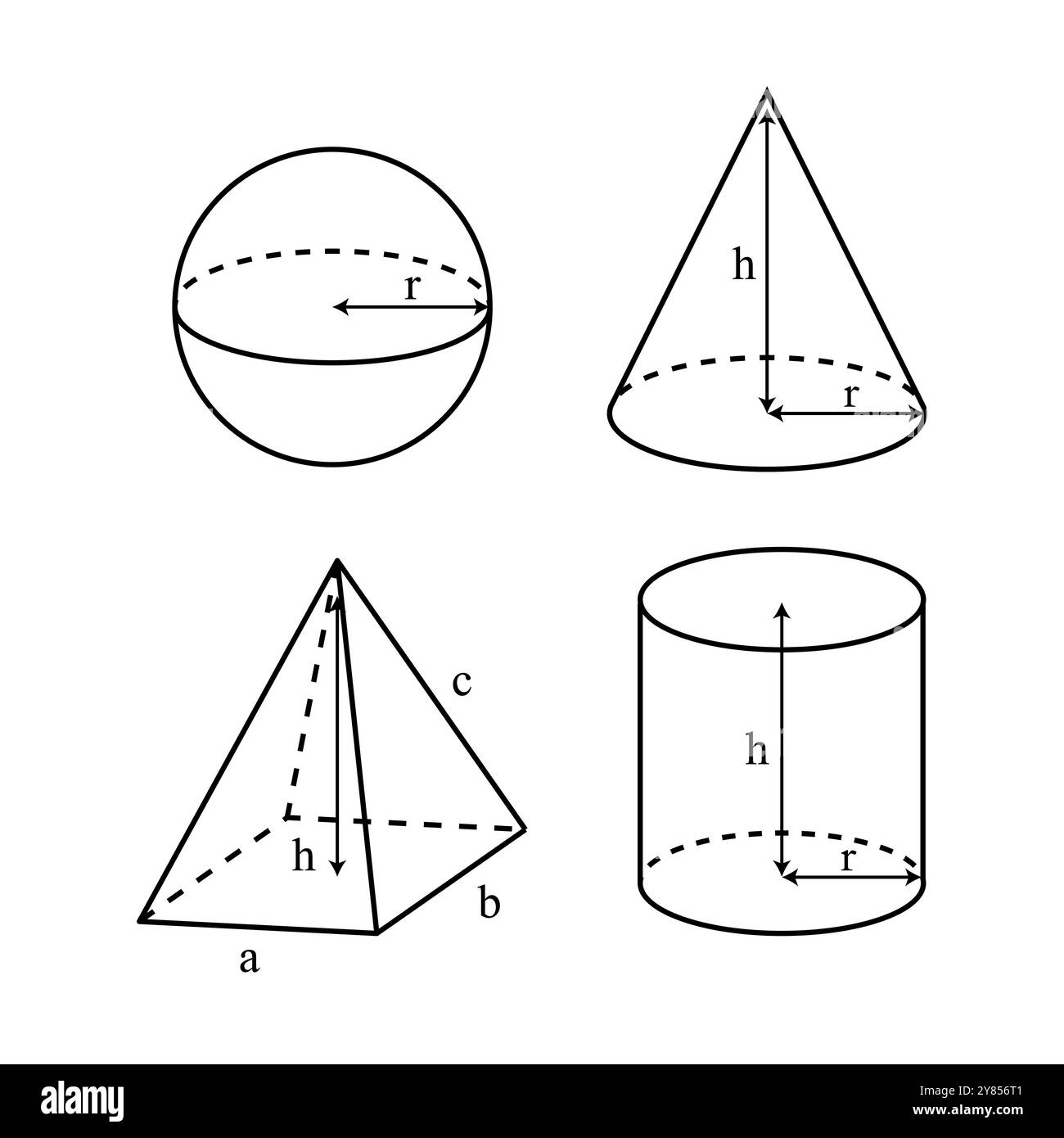 3D Geometric Shapes Edges Illustration with Radius and Height, Side Dimensions for Formula and Calculations Stock Vector