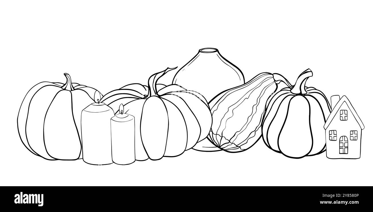 Linear sketch of a pumpkin composition. Autumn Vector illustration ...