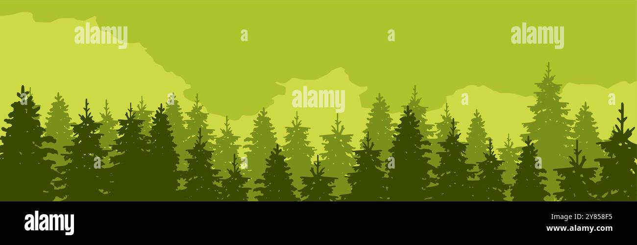 Green pine forest. Tree silhouettes landscape panorama. Vector illustration Stock Vector