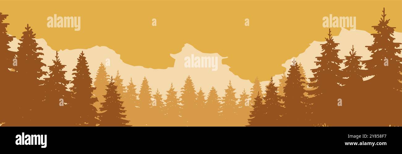 Autumn forest landscape with pine mountain nature panorama. Vector ...