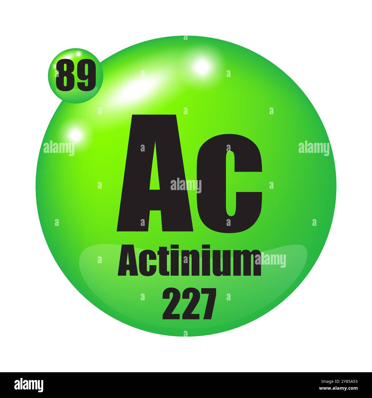 Actinium icon. Ac chemical element. Atomic number 89. Mass 227. Green sphere image. Vector symbol. Stock Vector