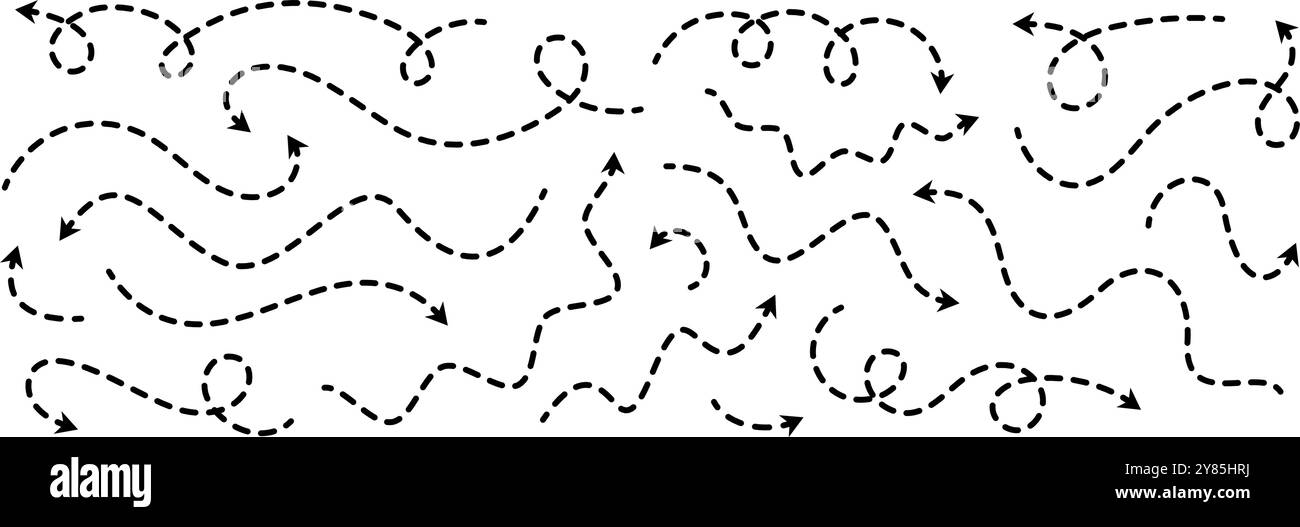 Black dotted thin arrows set. Wavy and curved dashed pointers ...