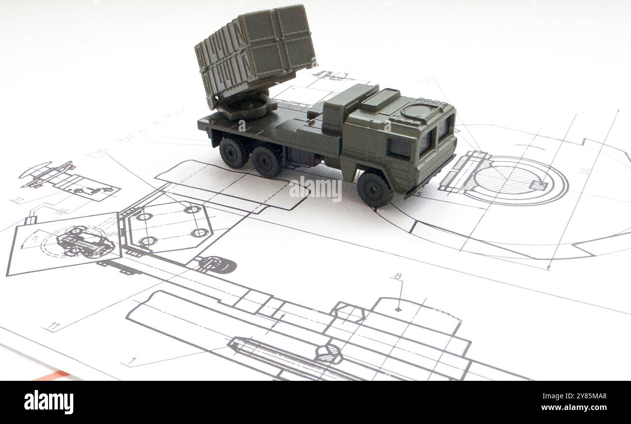 a battle tank sketch with specification detail with blueprint style Stock Photo