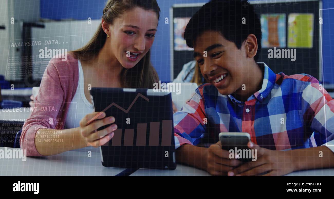 Binary code image over students using tablet and smartphone in ...