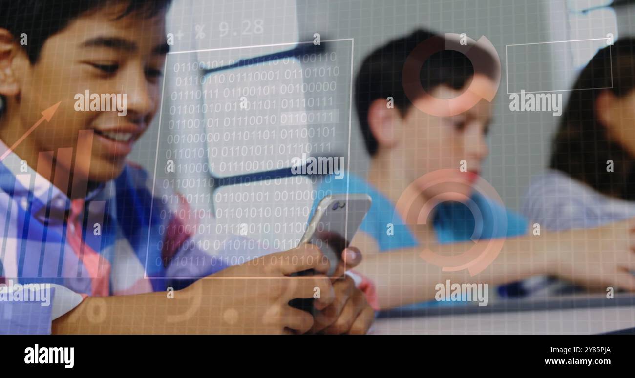 Holding smartphone, students with binary code and data processing image over them Stock Photo