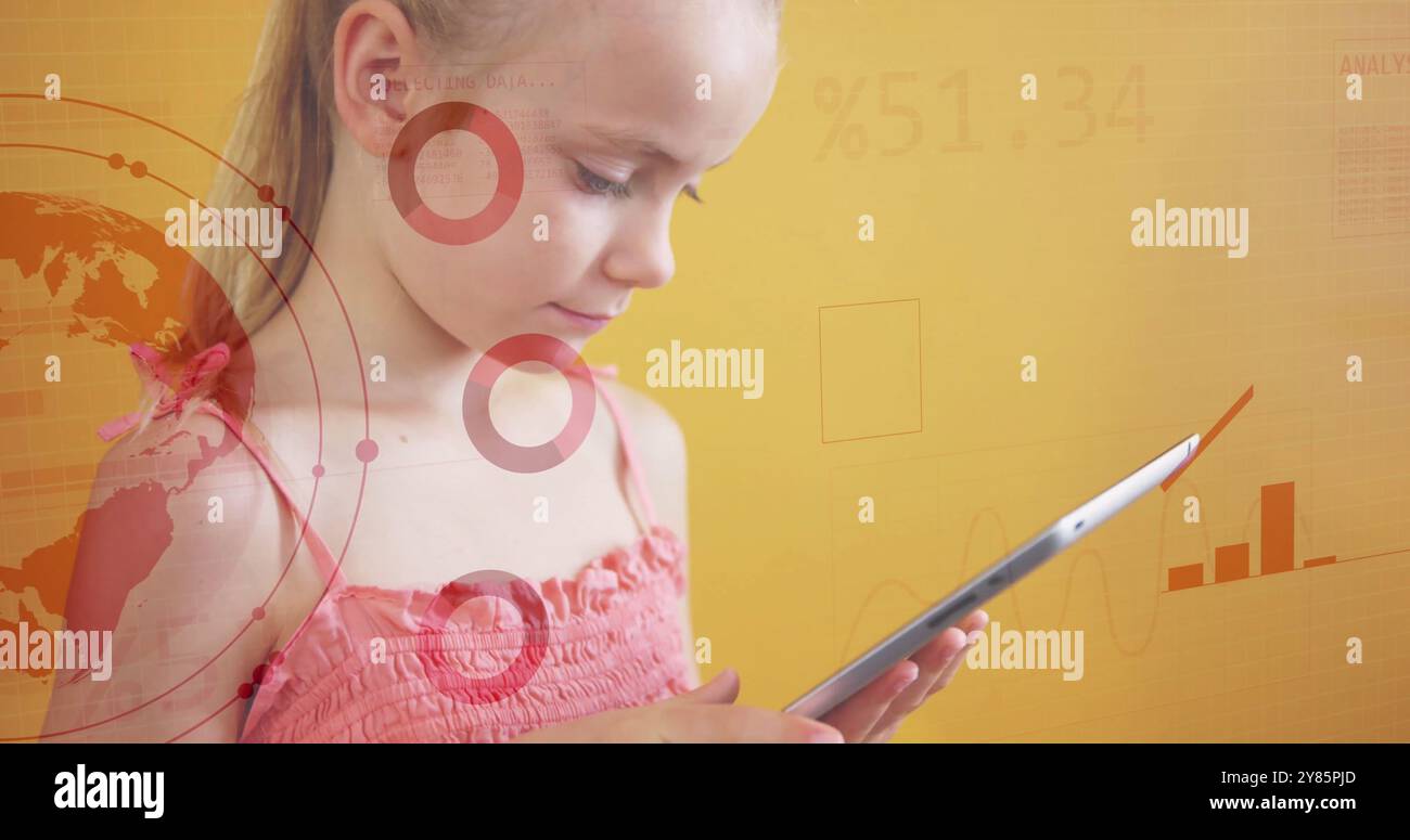 Using tablet, young girl with data visualization image over orange ...