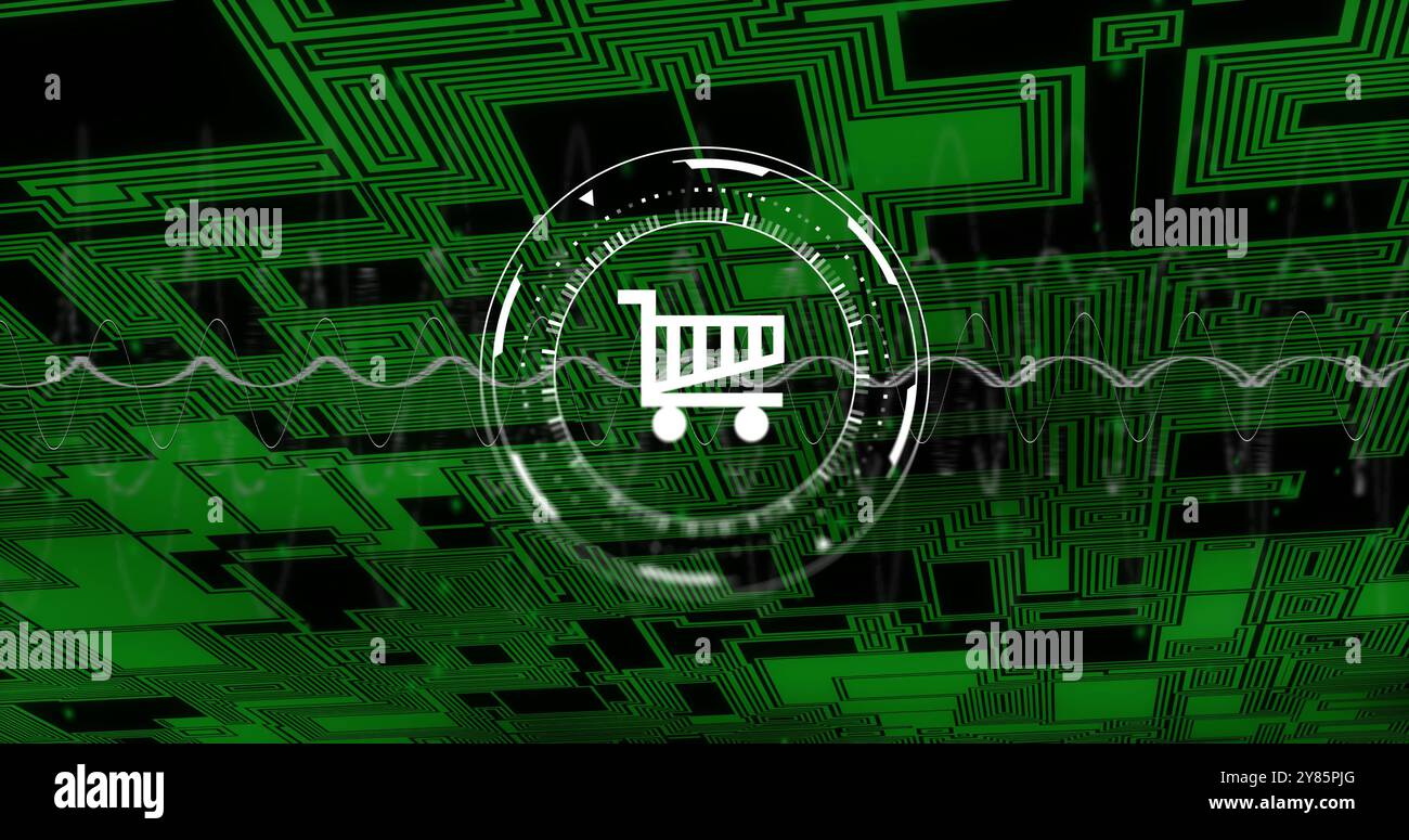Shopping cart icon image over green geometric patterns and waveforms ...