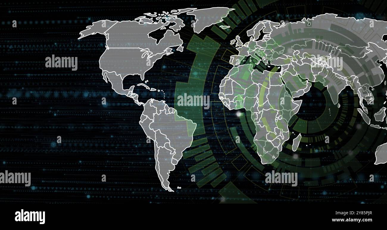 World map with digital data processing image over green circular ...