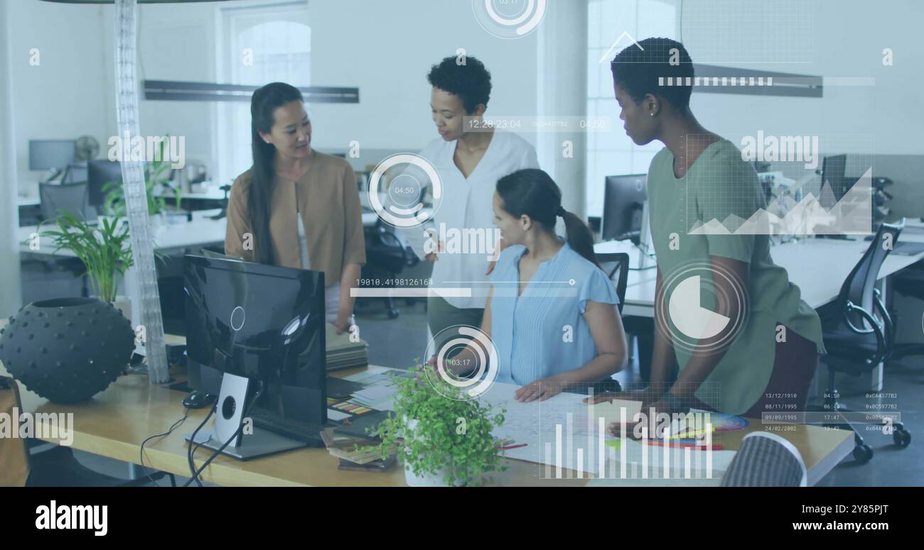 Business data analytics image over diverse team collaborating in modern office Stock Photo