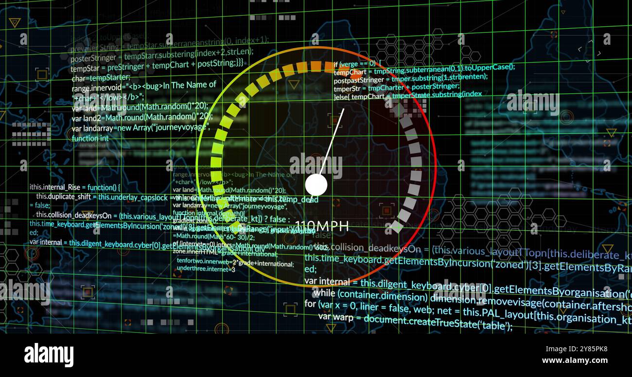 Speedometer and coding data processing image over digital grid background Stock Photo