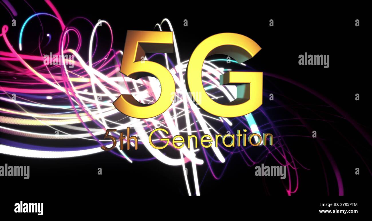 Image of 5g 5th generation text over light trails on black background ...