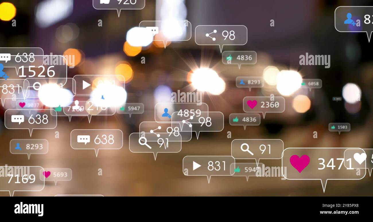 Image of icons and data processing over out of focus city Stock Photo