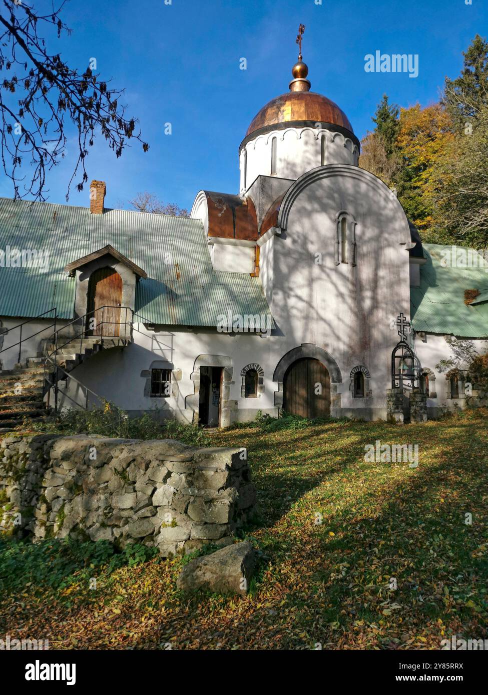 Cantal. Orthodox monastery Znamenie, Marcenat, Cezallier plateau,  Regional Natural Park of the Auvergne Volcanoes, Auvergne Rhone Alpes, France Stock Photo