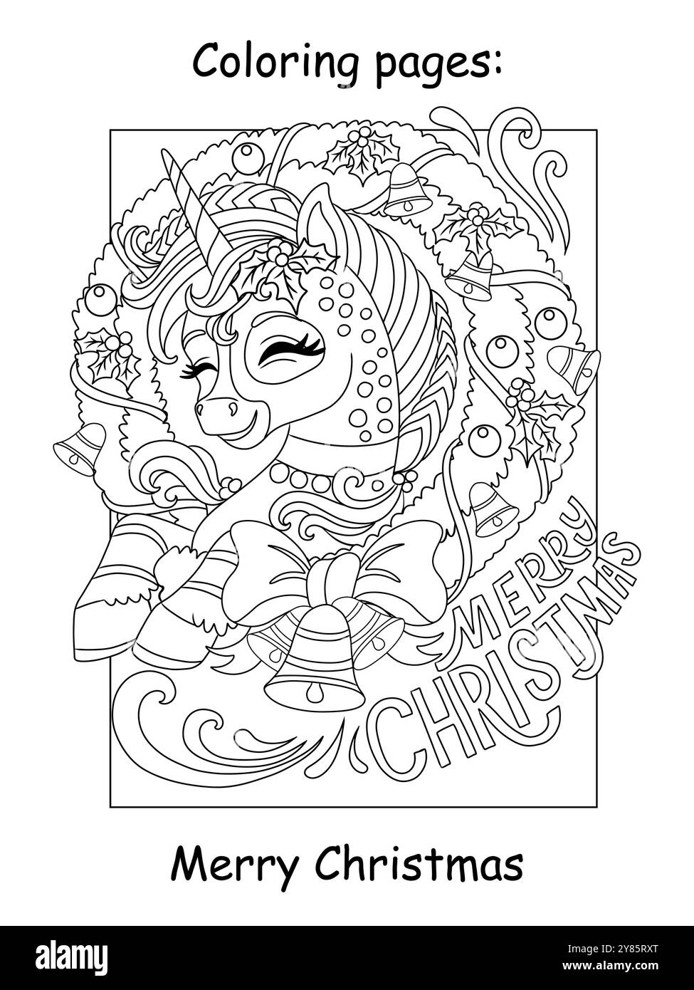 Christmas kids coloring. Cute unicorn in a Christmas wreath. Merry ...