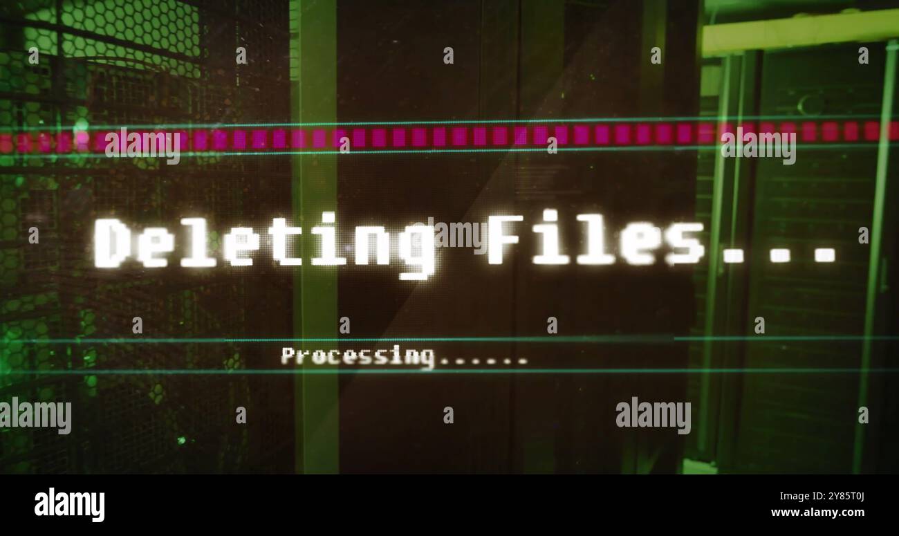 Image of deleting files, processing text on interface screen over computer server room Stock Photo