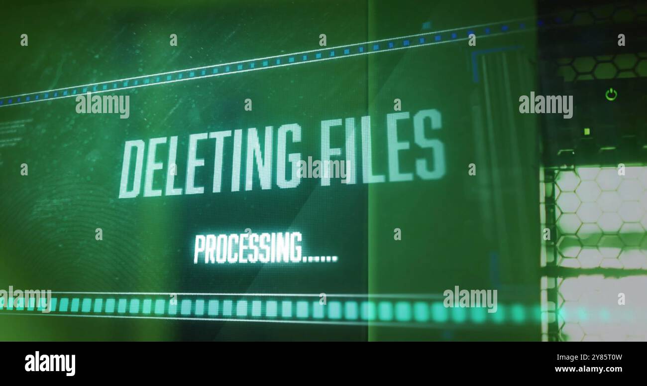 Image of deleting files, processing text on interface over computer server Stock Photo