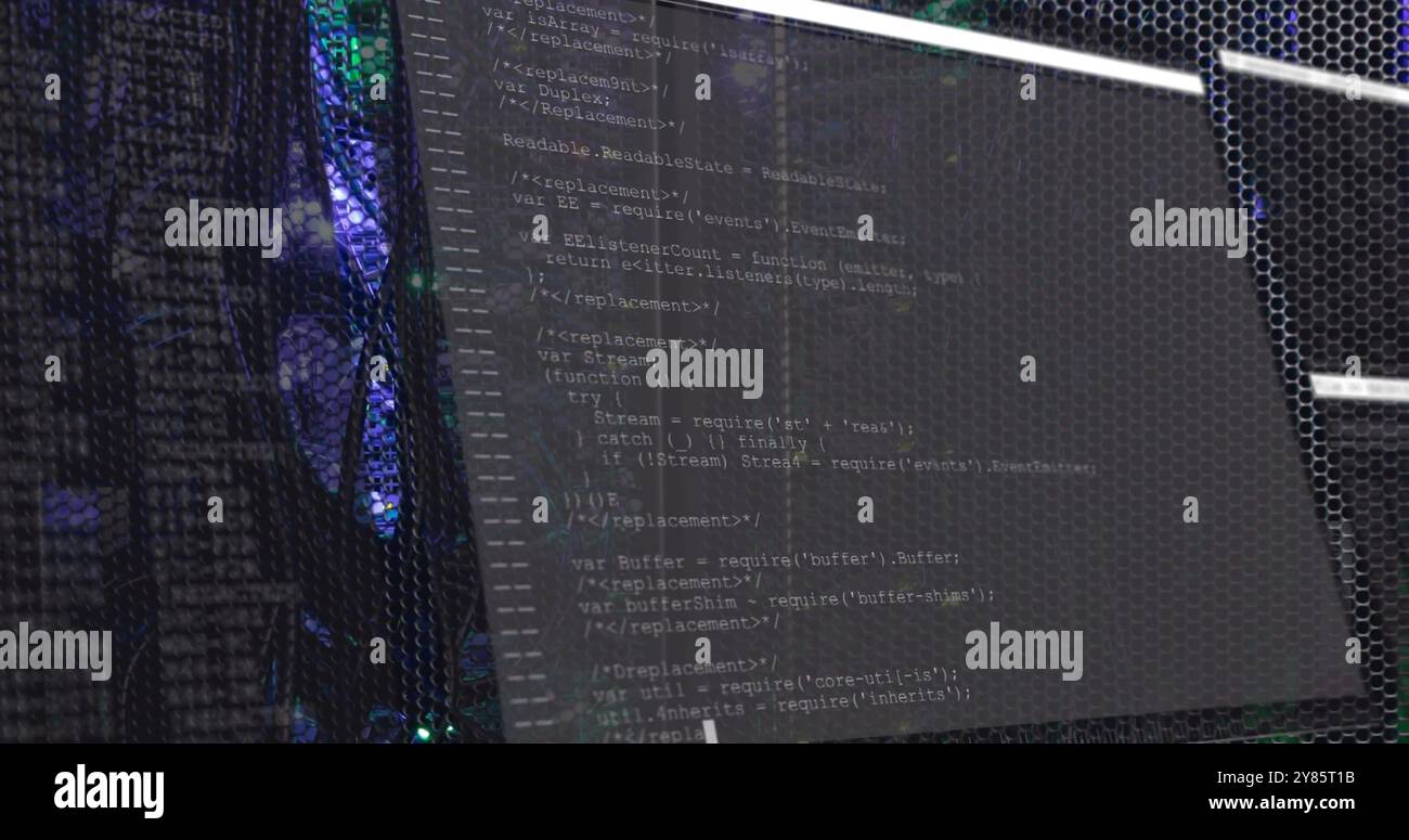 Image of data processing on interface over glowing computer servers Stock Photo