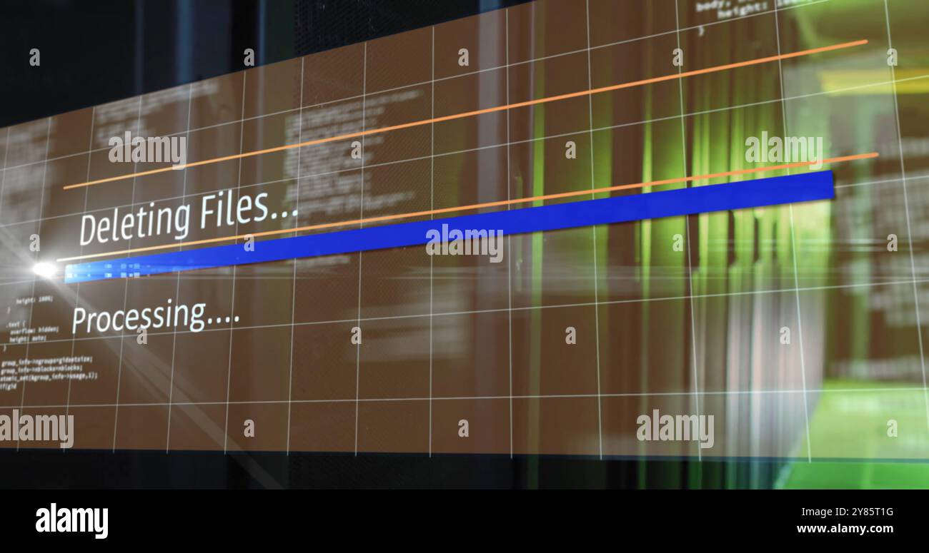 Image of deleting files, processing text on interface over server room Stock Photo