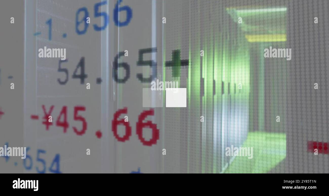 Image of data loading squares and financial data processing over server room Stock Photo