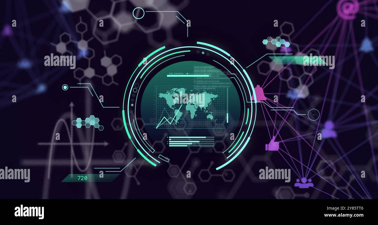 Image of scientific data processing and globe over dark background Stock Photo